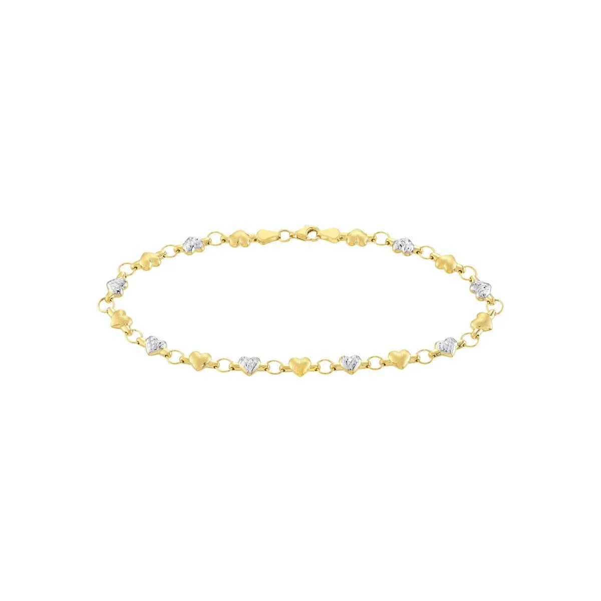 14K Two-Tone Gold Stampato D/C and Satin Hearts Anklet