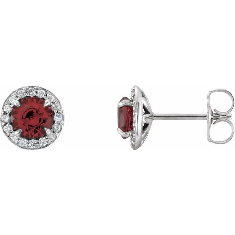 14K White 5 mm Natural Mozambique Garnet & 1/8 CTW Natural Diamond Earrings