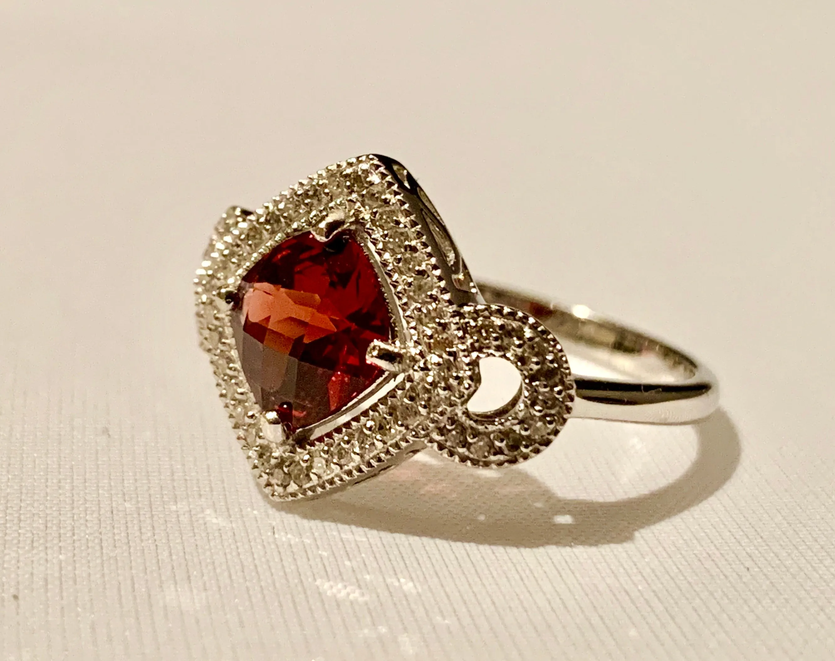 14K WHITE GOLD GARNET AND DIAMOND RING