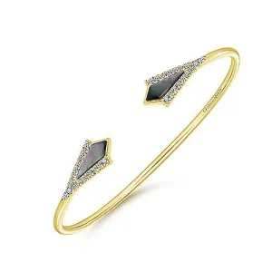 14K Yellow Gold Diamond   Black Mother of Pearl Open Cuff Bangle