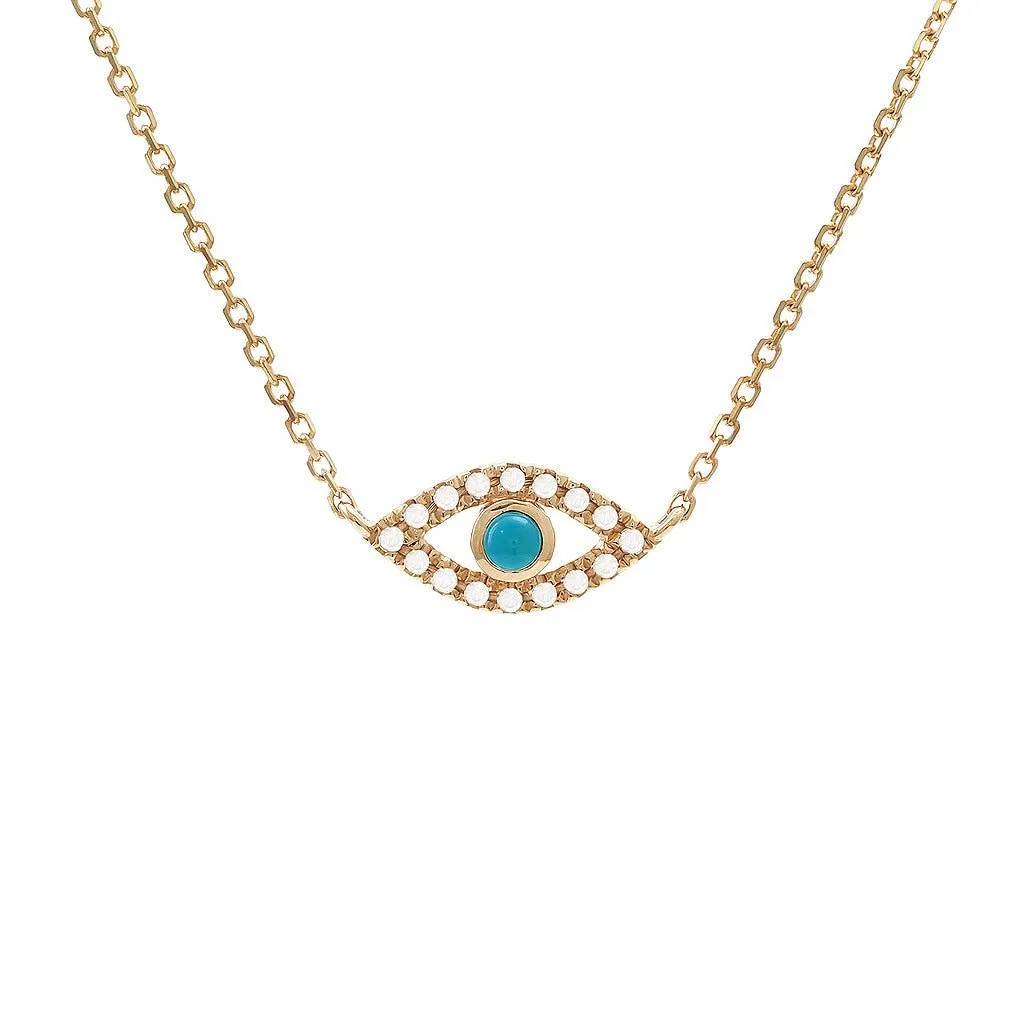 14K Yellow Gold Evil Eye Round Bezel Turquoise Necklace