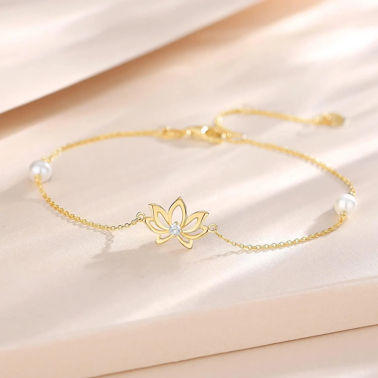 14K Yellow Gold Lotus Flower Bracelet With 4MM Freshwater Pearls Luxury Adjustable Bracelet Fine Jewelry