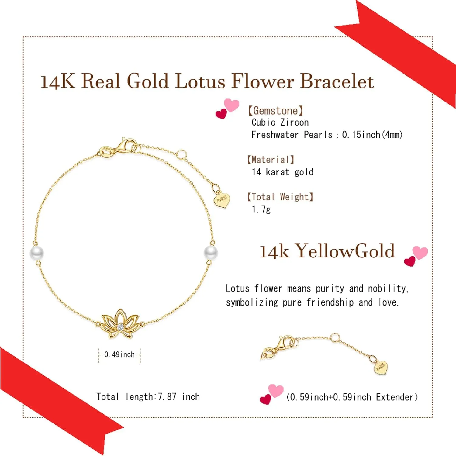 14K Yellow Gold Lotus Flower Bracelet With 4MM Freshwater Pearls Luxury Adjustable Bracelet Fine Jewelry