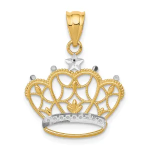 14k Yellow Gold White Rhodium Open Back Solid Textured Polished Finish Crown Design Charm Pendant