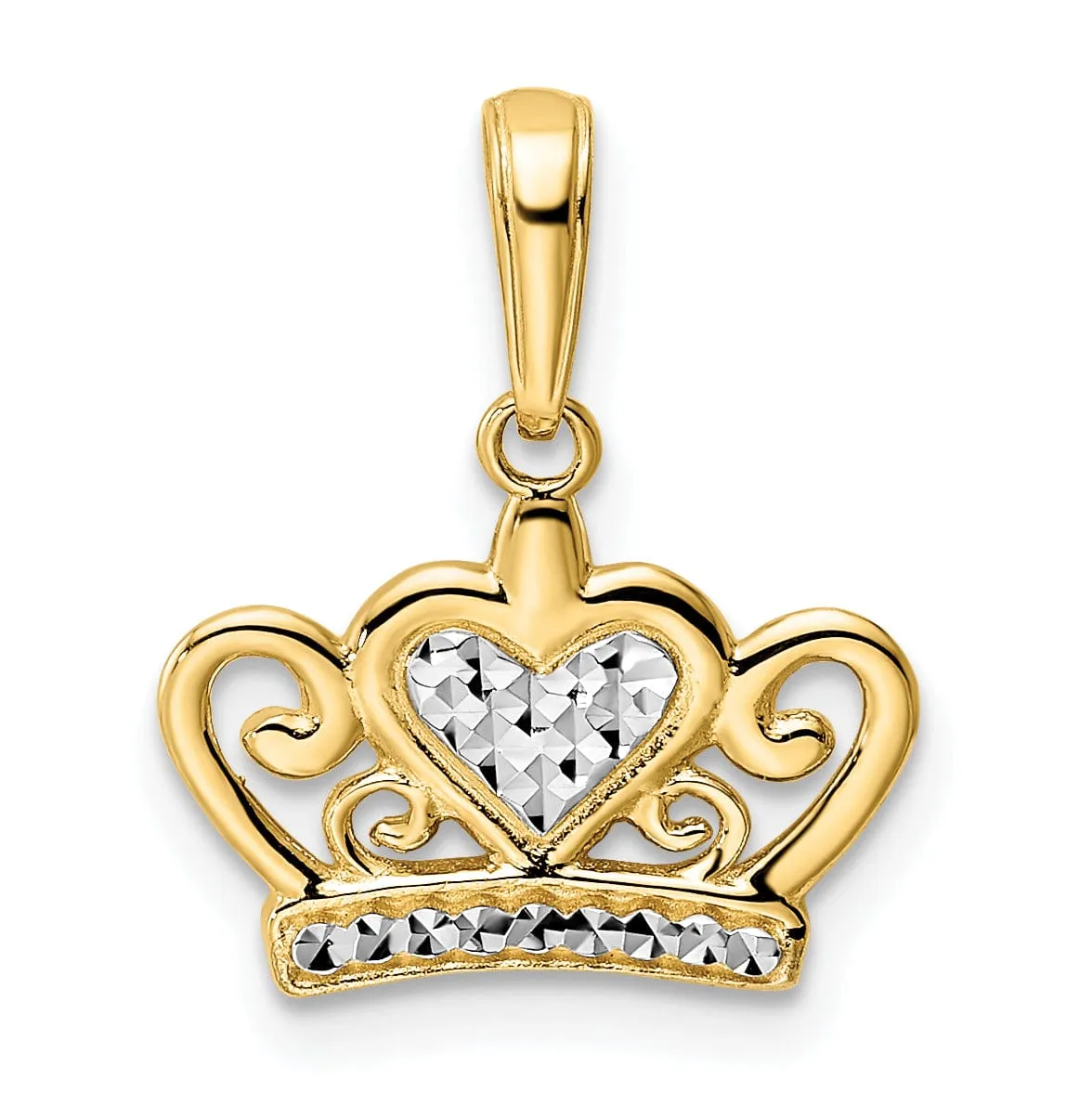 14k Yellow Gold White Rhodium Solid Open Back Polished Diamond Cut Finish Crown Heart Design Charm Pendant