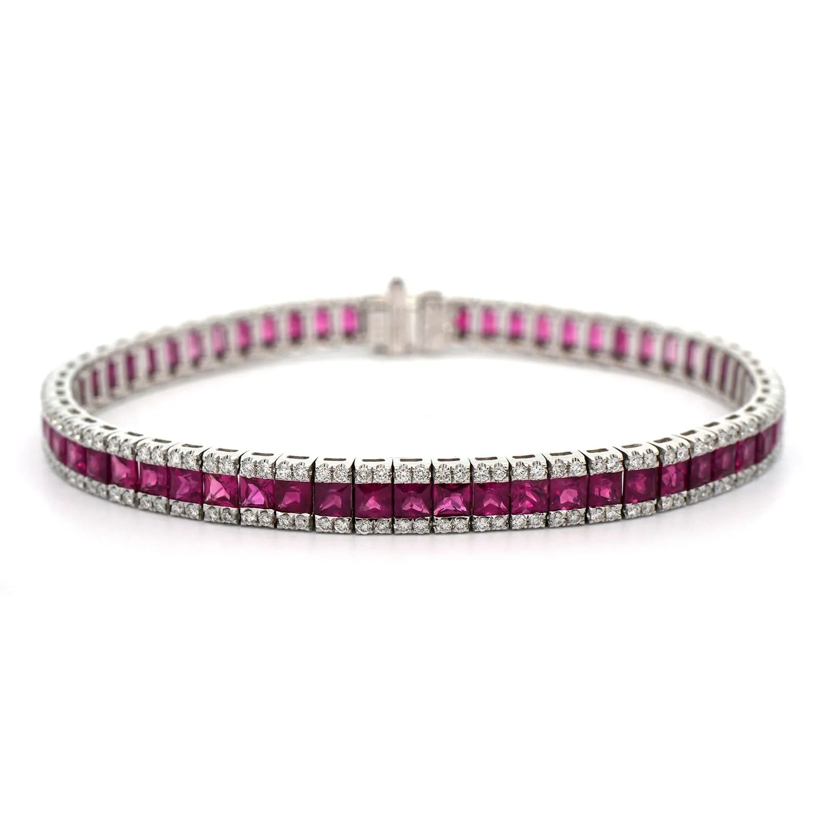 18K White Gold Square Ruby and Diamond Bracelet