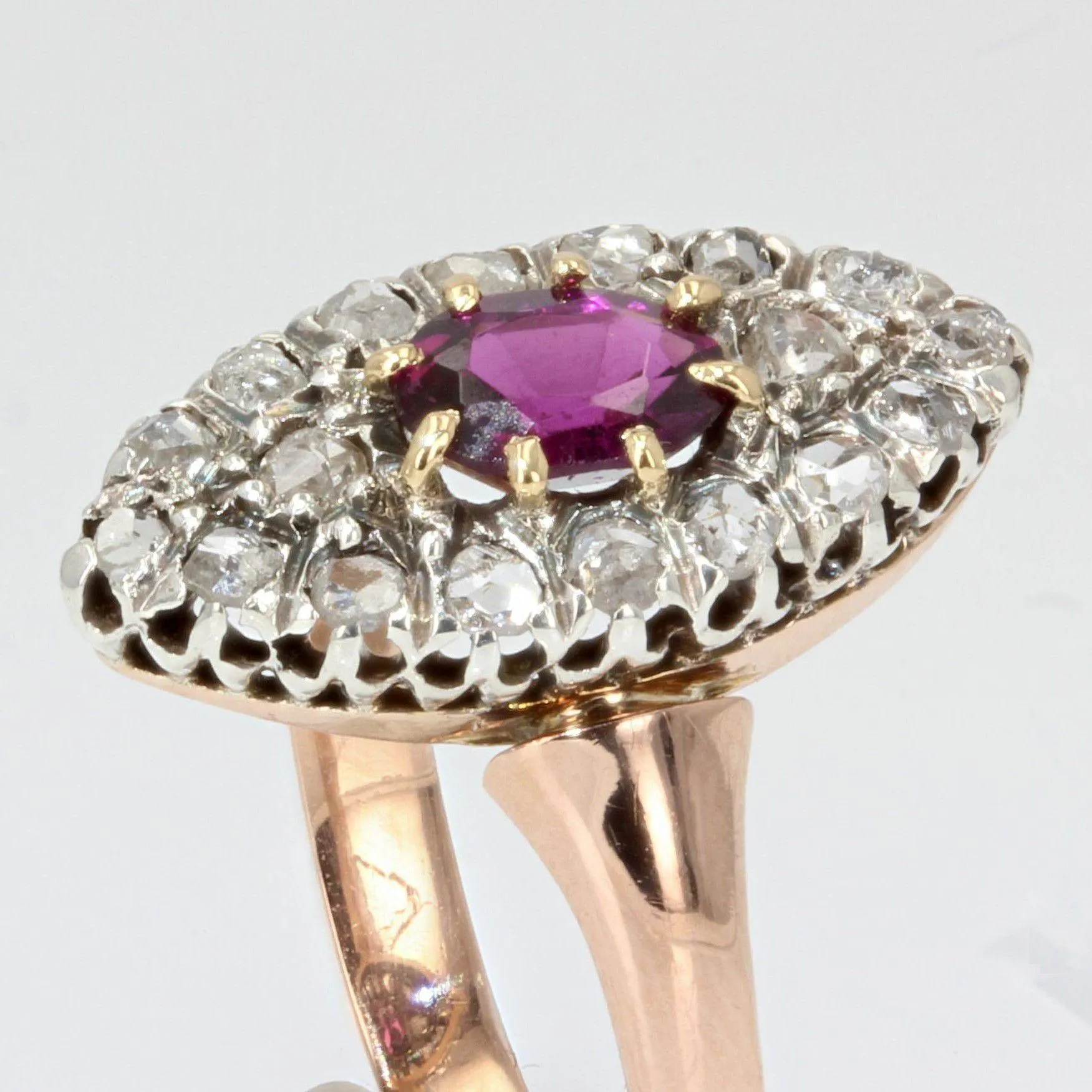 19th Century Garnet Diamonds 18 Karat Rose Gold Marquise Ring