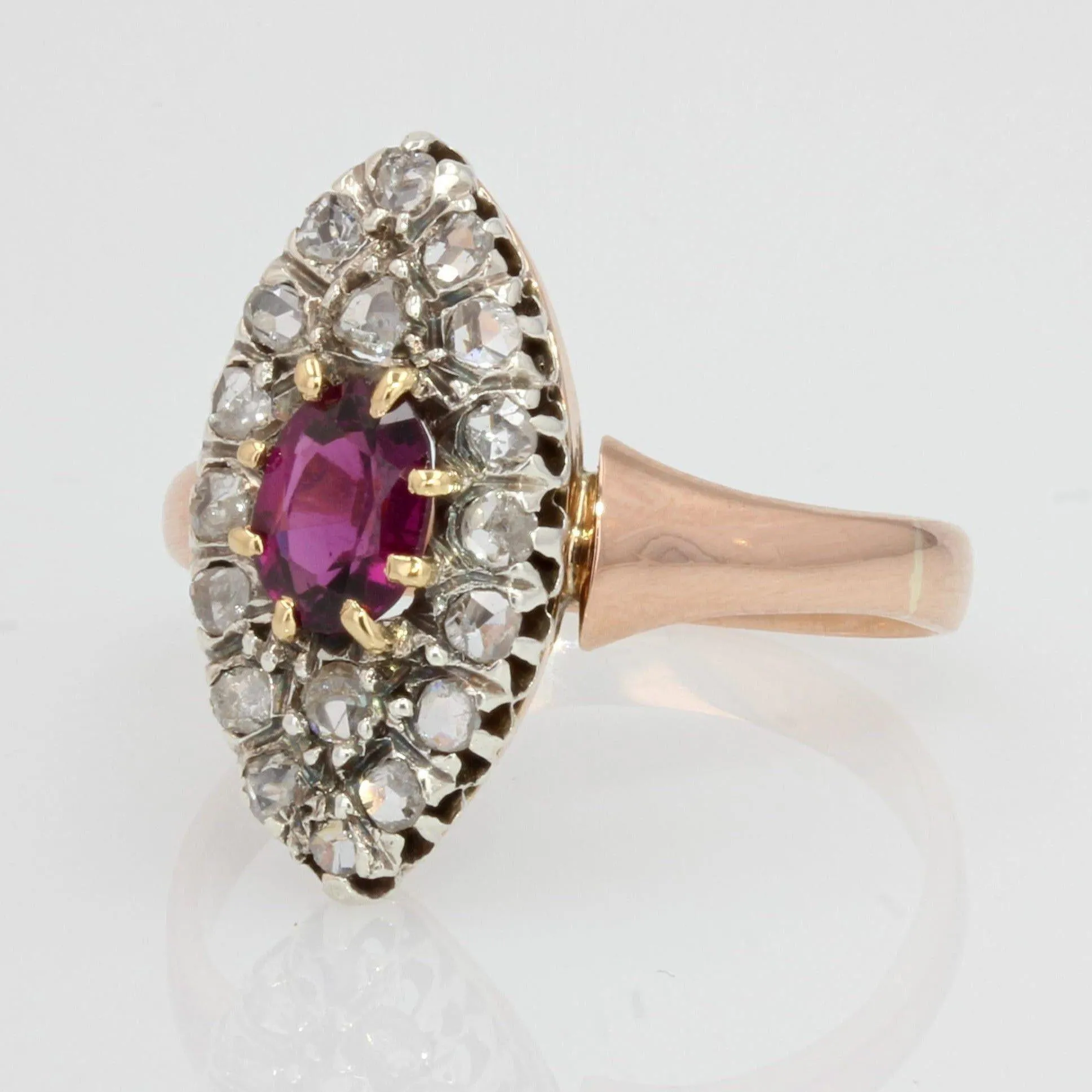 19th Century Garnet Diamonds 18 Karat Rose Gold Marquise Ring