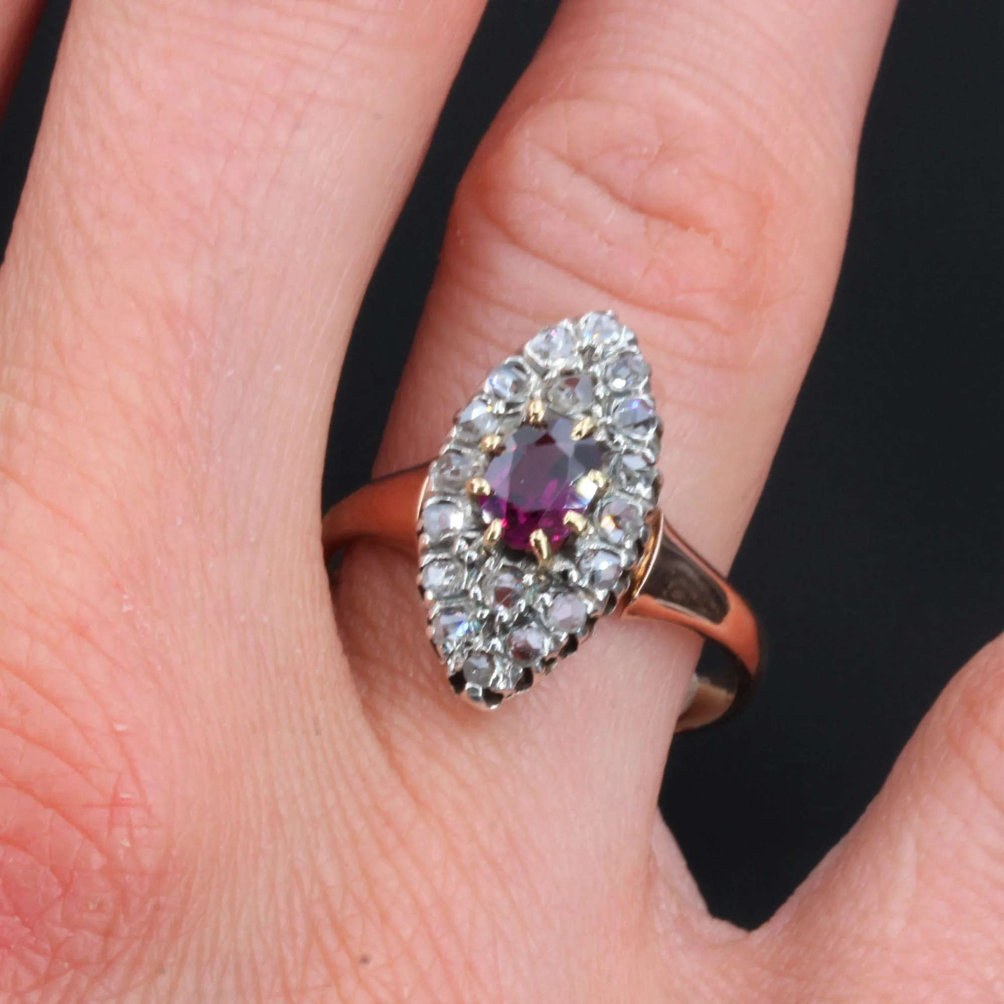 19th Century Garnet Diamonds 18 Karat Rose Gold Marquise Ring