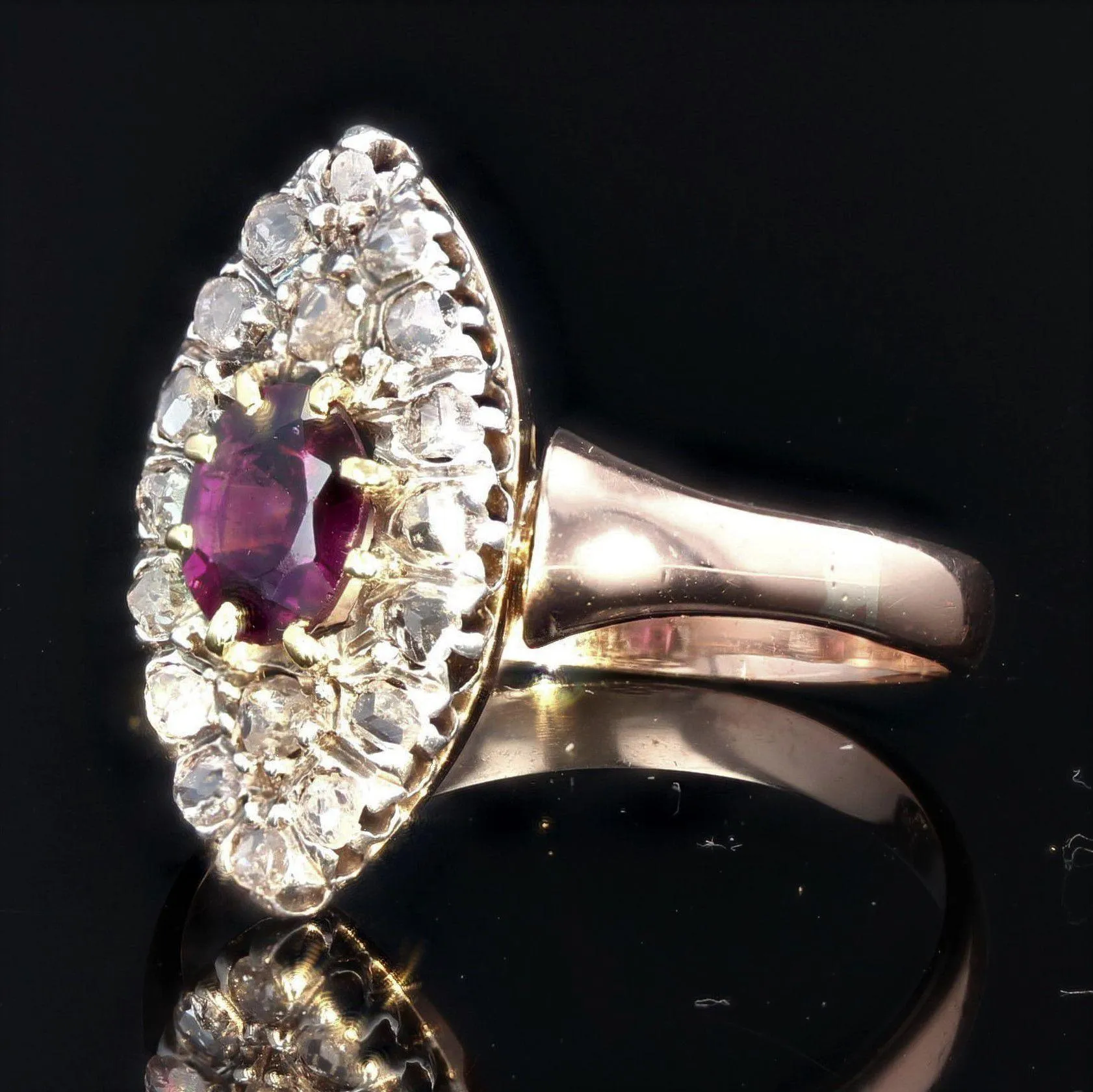 19th Century Garnet Diamonds 18 Karat Rose Gold Marquise Ring