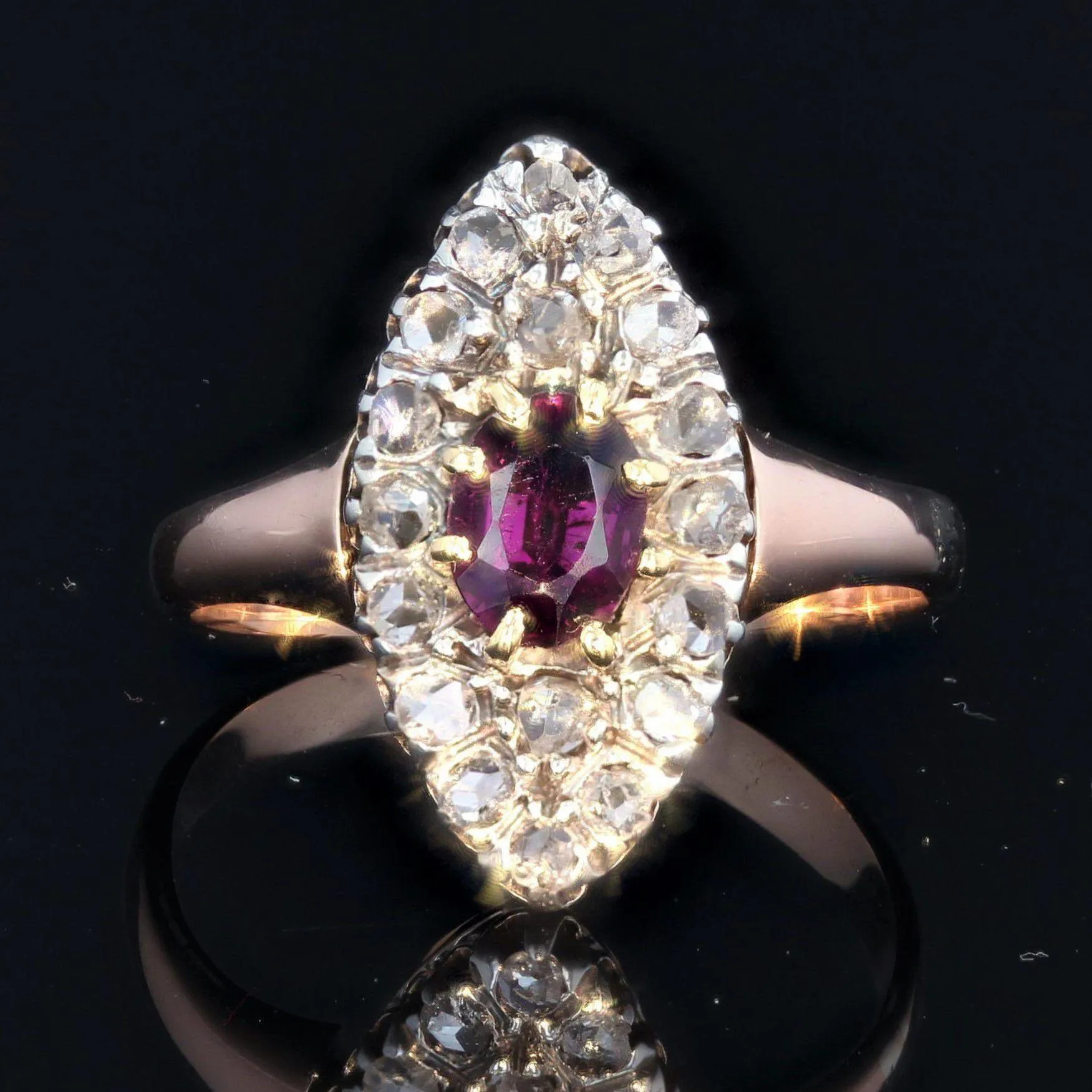 19th Century Garnet Diamonds 18 Karat Rose Gold Marquise Ring