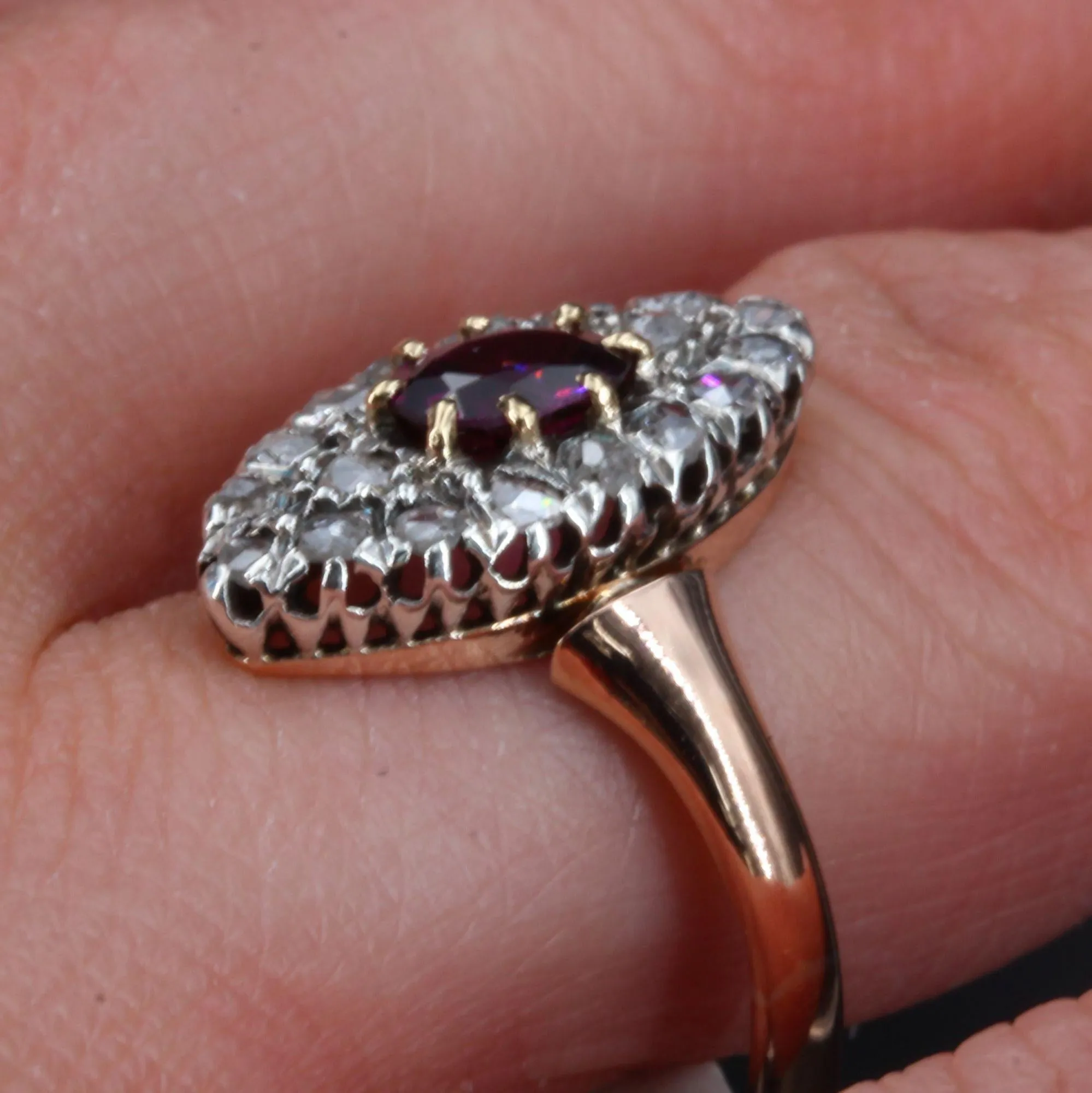 19th Century Garnet Diamonds 18 Karat Rose Gold Marquise Ring