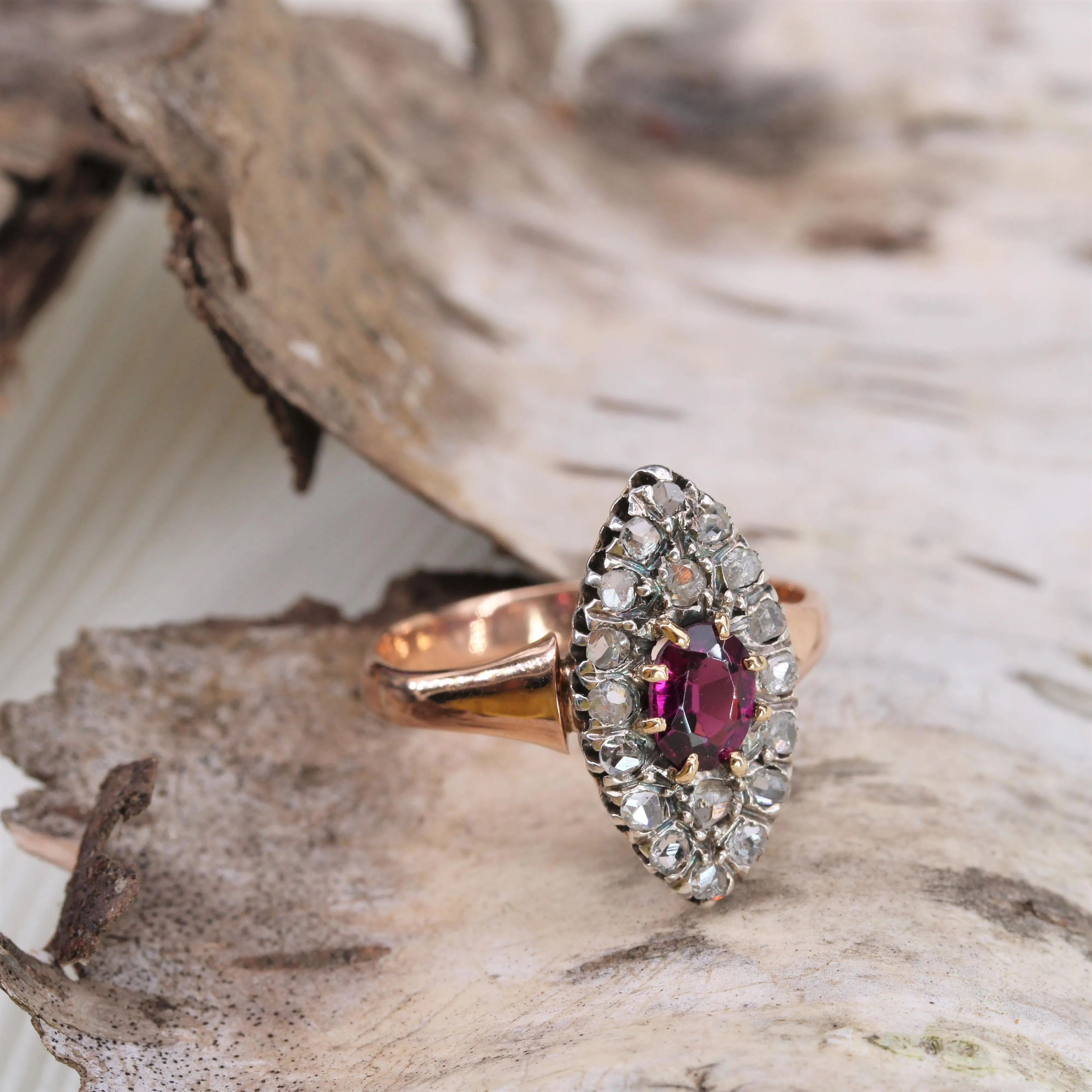 19th Century Garnet Diamonds 18 Karat Rose Gold Marquise Ring