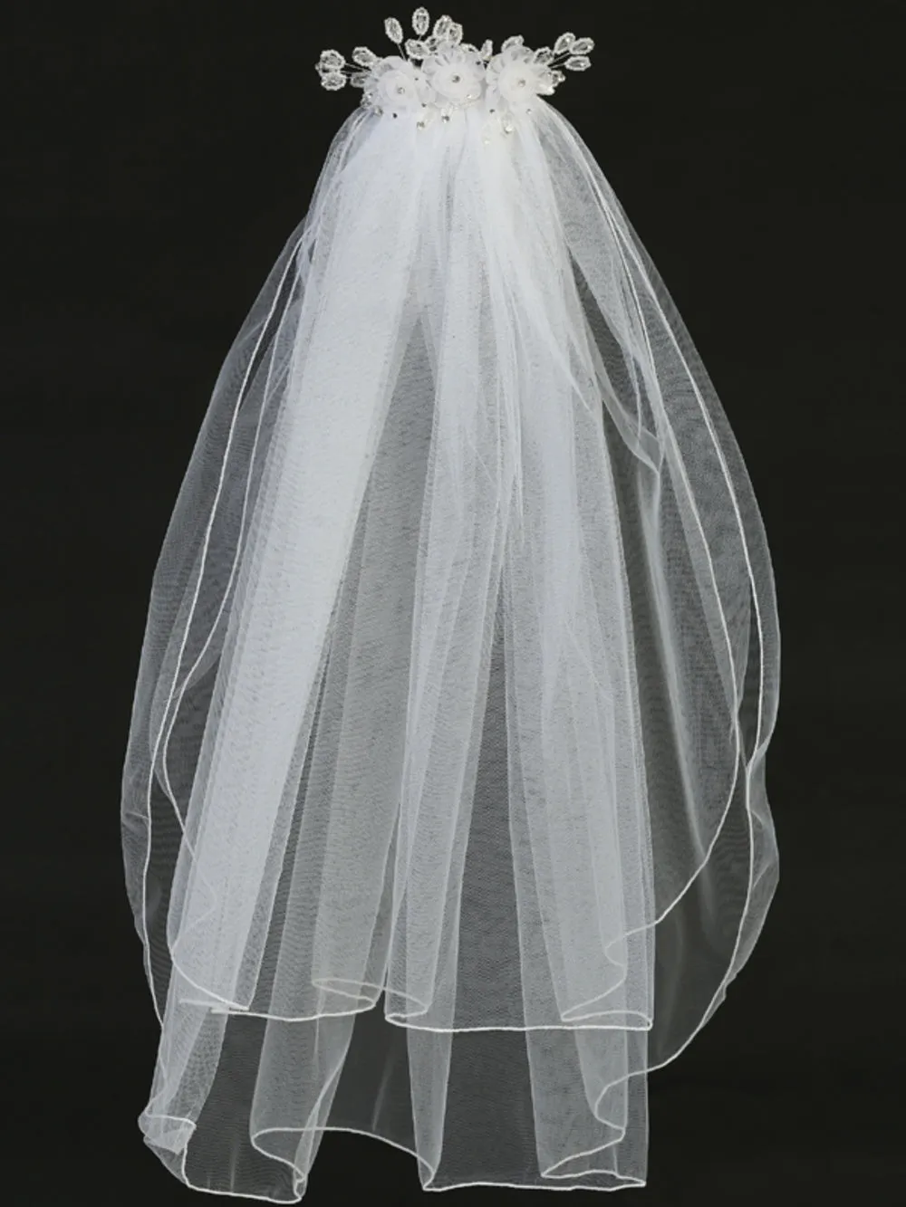 24" Veil - Organza flowers, pearls, and crystal accents