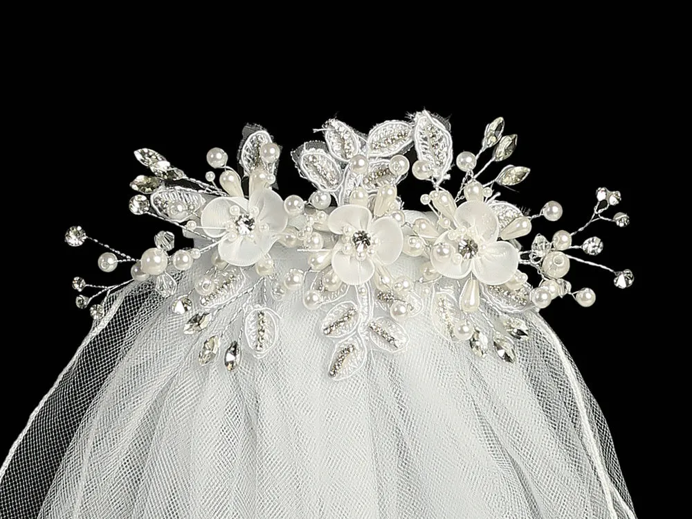 24" Veil - Organza flowers with pearls & rhinestones