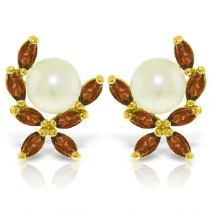 3.25 Carat 14K Solid Yellow Gold Stud Earrings Natural Garnet Pearl