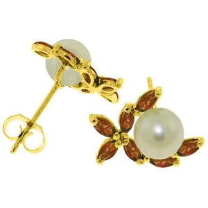 3.25 Carat 14K Solid Yellow Gold Stud Earrings Natural Garnet Pearl