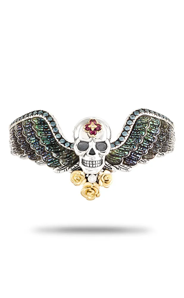 50% non-refundable deposit BBB1350 Roses Never Die Skull Cuff –Diamond, Blue Topaz,  Abalone & Pink Garnet