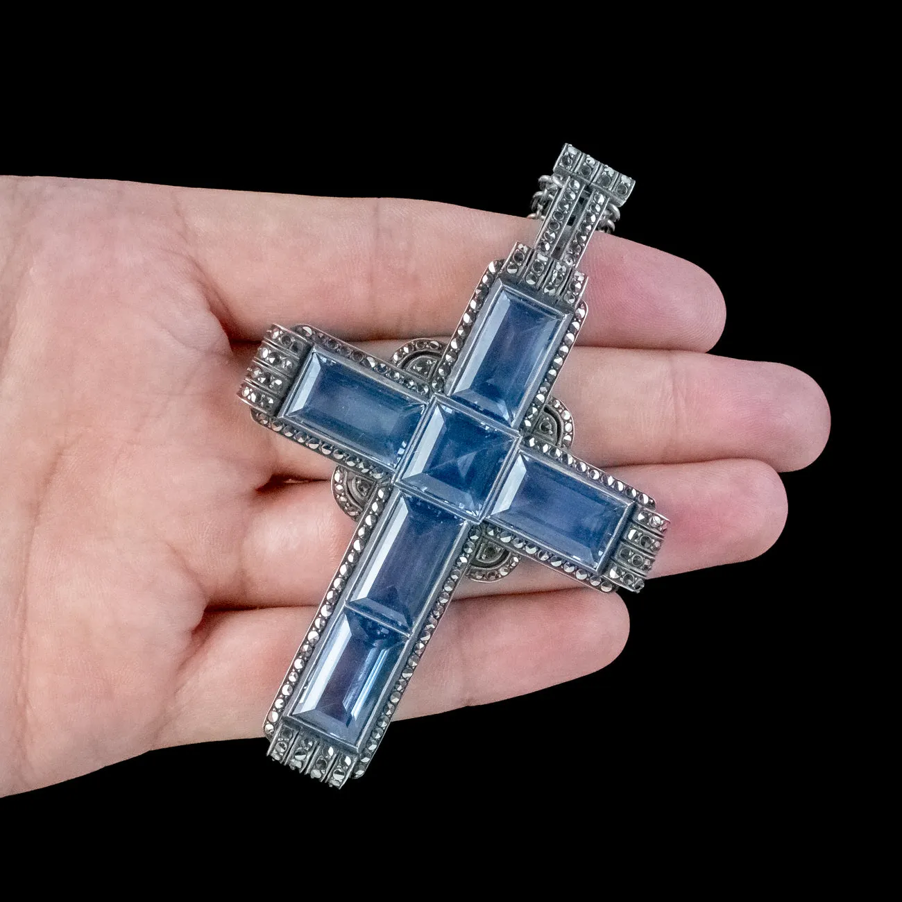 Antique Art Deco Blue Spinel Marcasite Cross Pendant Necklace By Theodor Fahrner