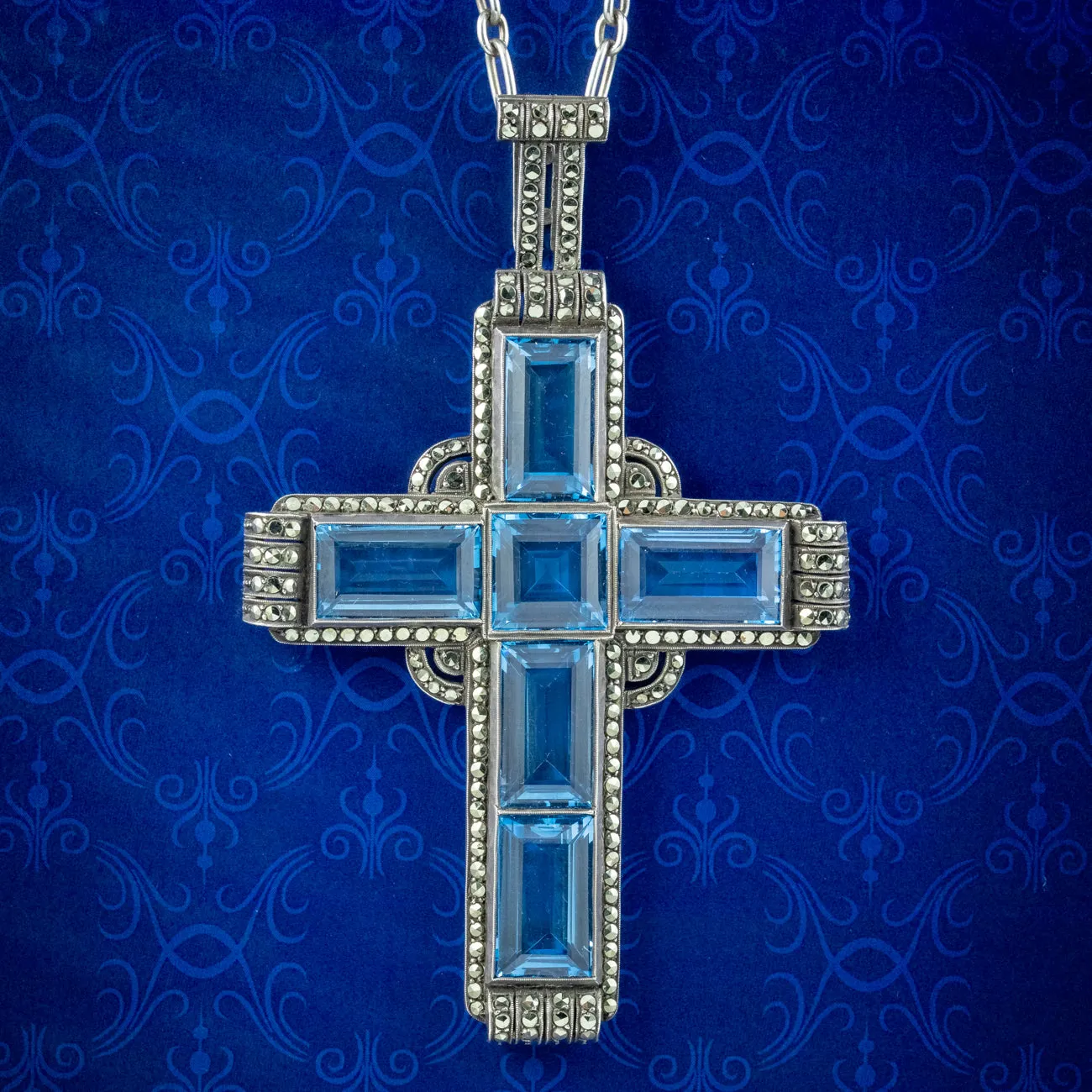 Antique Art Deco Blue Spinel Marcasite Cross Pendant Necklace By Theodor Fahrner