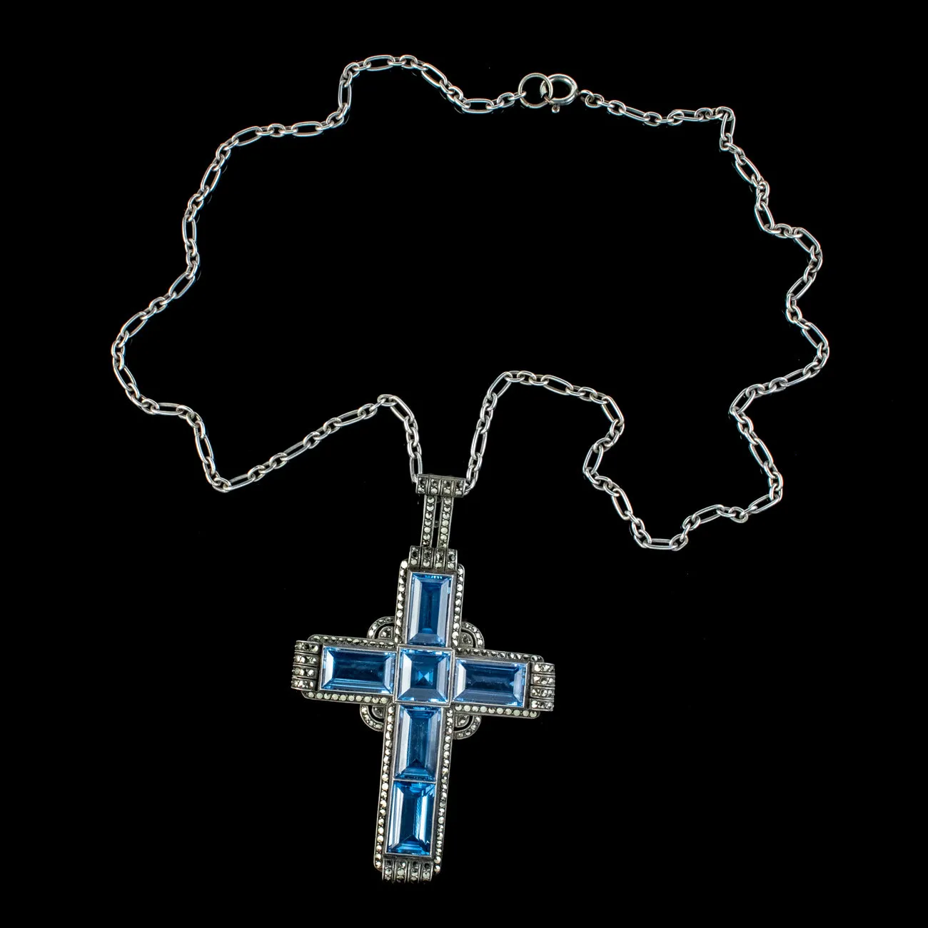 Antique Art Deco Blue Spinel Marcasite Cross Pendant Necklace By Theodor Fahrner