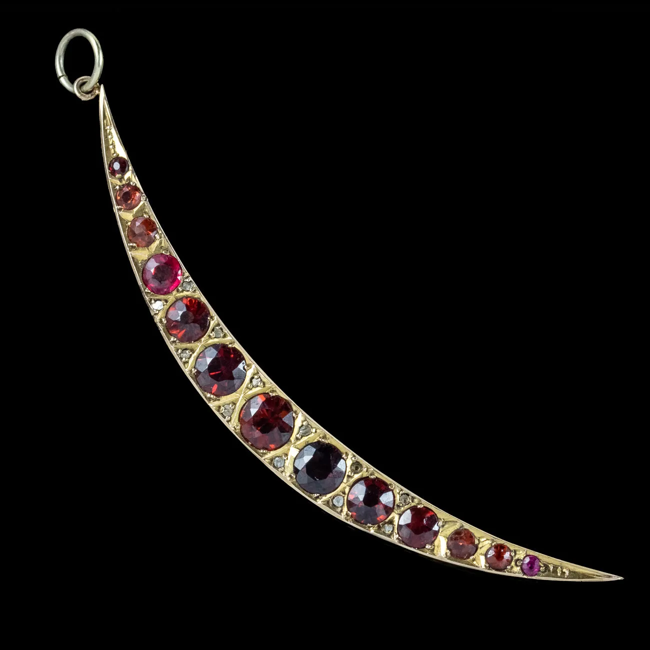 Antique Art Deco Garnet Diamond Crescent Moon Pendant 9ct Gold Dated 1923