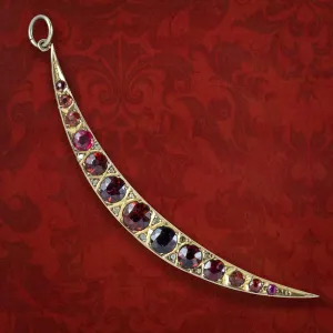 Antique Art Deco Garnet Diamond Crescent Moon Pendant 9ct Gold Dated 1923