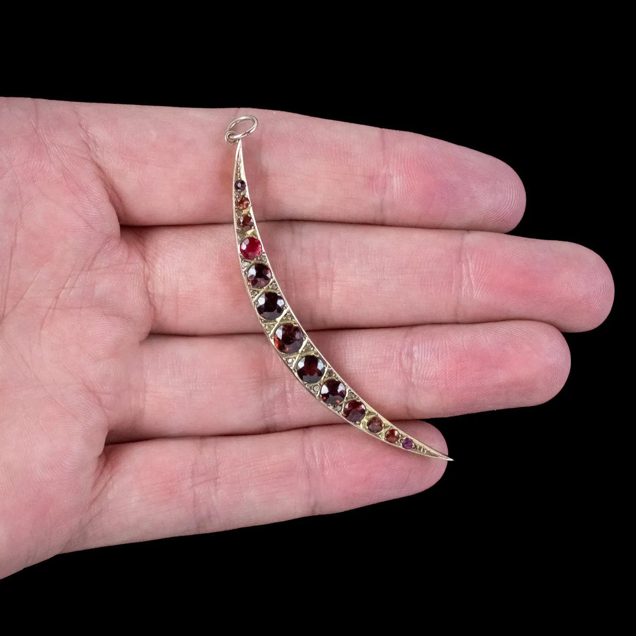 Antique Art Deco Garnet Diamond Crescent Moon Pendant 9ct Gold Dated 1923