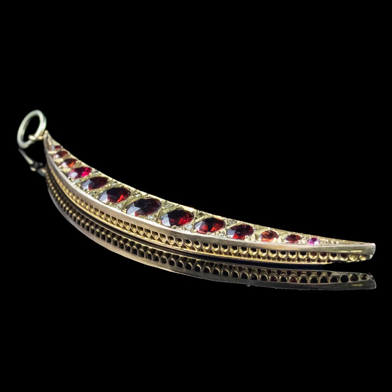 Antique Art Deco Garnet Diamond Crescent Moon Pendant 9ct Gold Dated 1923