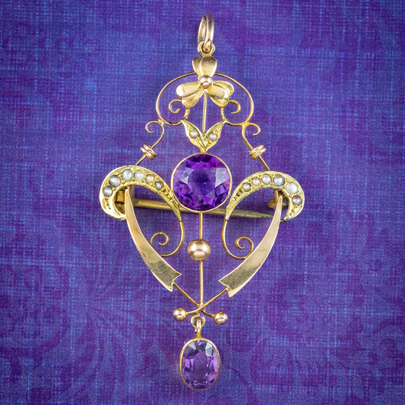 Antique Edwardian Amethyst Pearl Pendant 9ct Gold