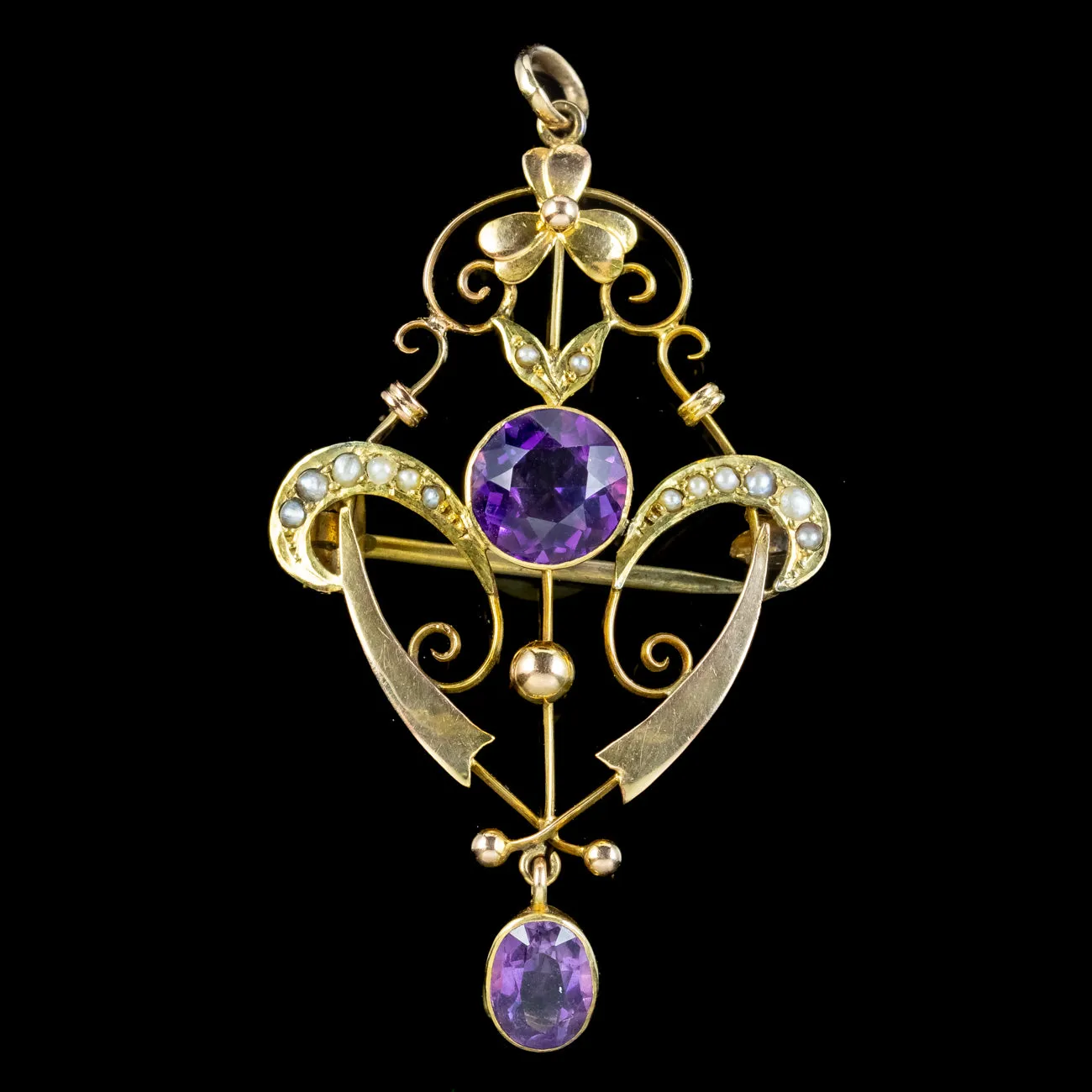 Antique Edwardian Amethyst Pearl Pendant 9ct Gold