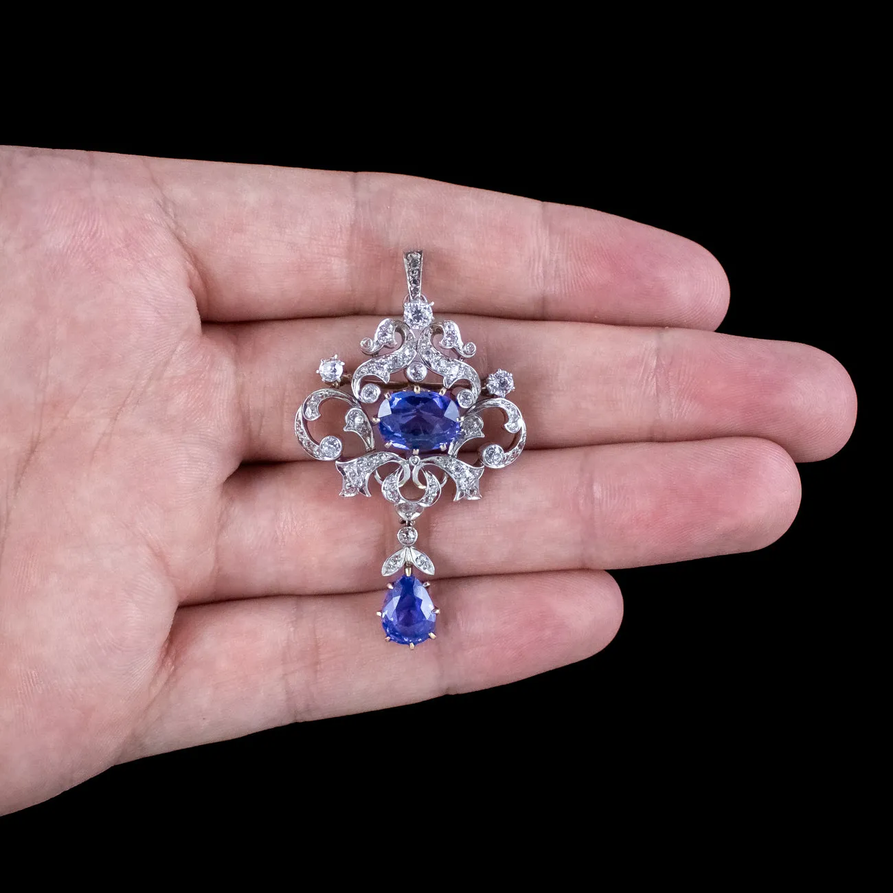 Antique Edwardian Ceylon Sapphire Diamond Pendant 6.04ct Sapphires With Cert