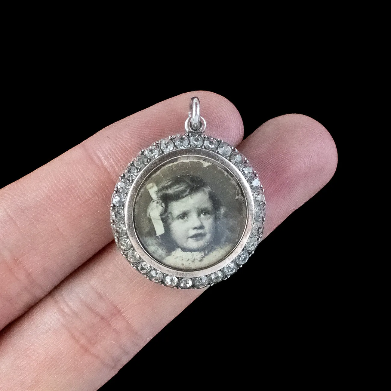 Antique Edwardian Paste Double Sided Photo Pendant Silver Gold Rim