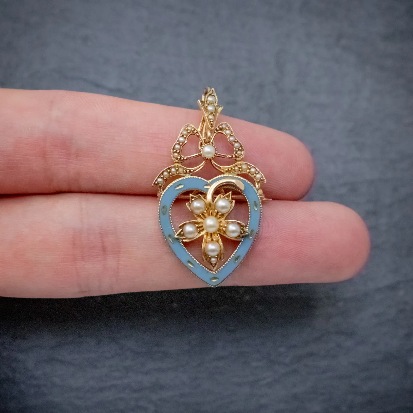 Antique Edwardian Pearl Heart Pendant Brooch 15Ct Gold Blue Enamel Circa 1905 Boxed