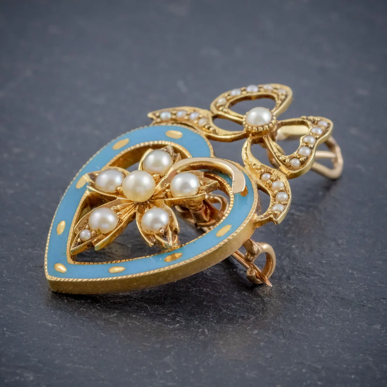 Antique Edwardian Pearl Heart Pendant Brooch 15Ct Gold Blue Enamel Circa 1905 Boxed