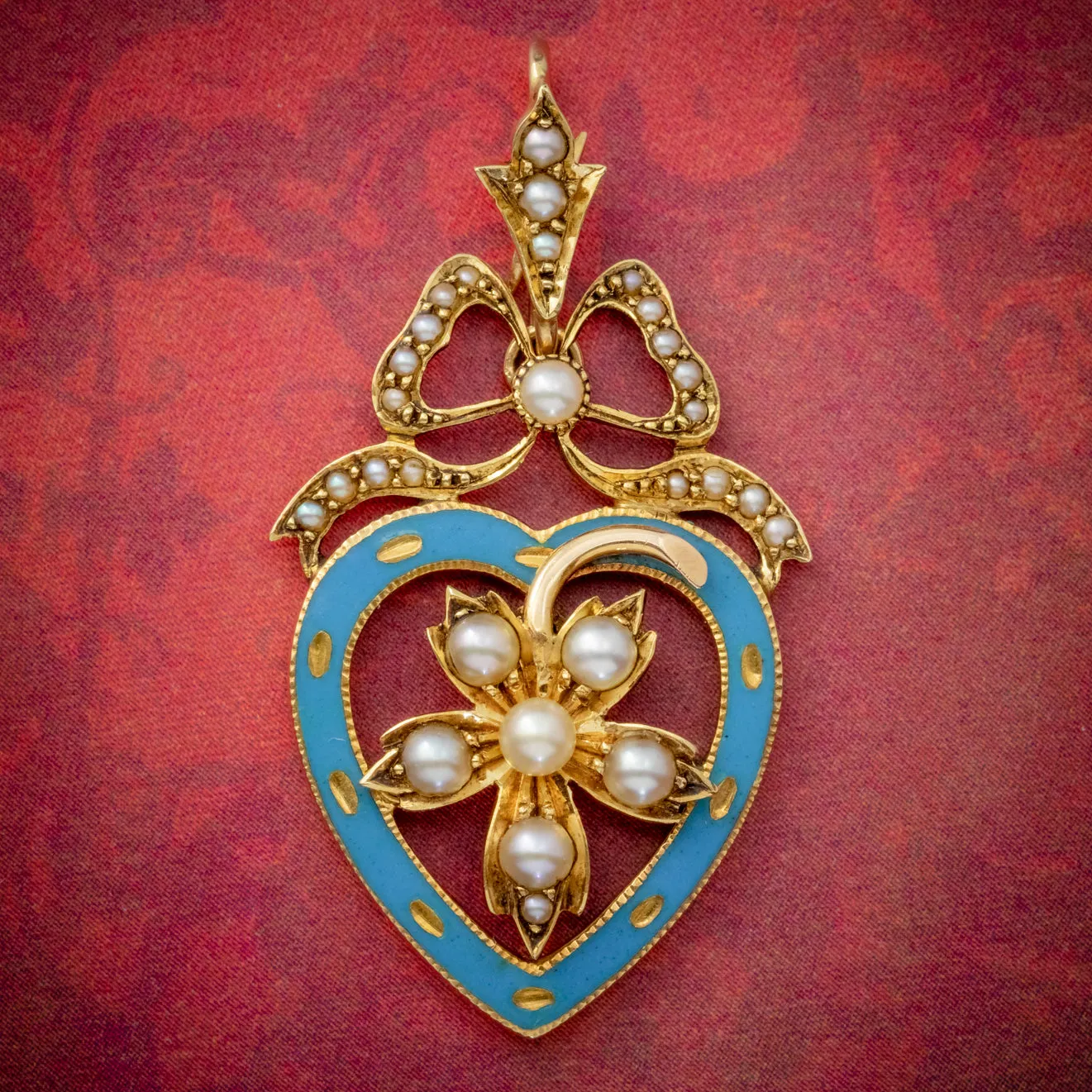 Antique Edwardian Pearl Heart Pendant Brooch 15Ct Gold Blue Enamel Circa 1905 Boxed