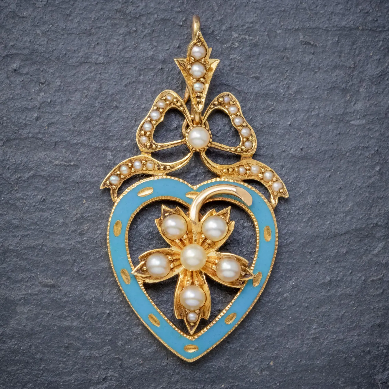 Antique Edwardian Pearl Heart Pendant Brooch 15Ct Gold Blue Enamel Circa 1905 Boxed