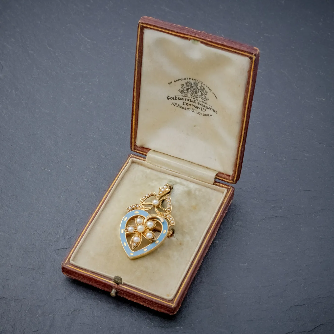 Antique Edwardian Pearl Heart Pendant Brooch 15Ct Gold Blue Enamel Circa 1905 Boxed