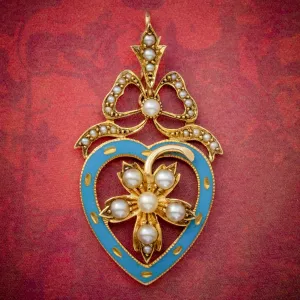 Antique Edwardian Pearl Heart Pendant Brooch 15Ct Gold Blue Enamel Circa 1905 Boxed