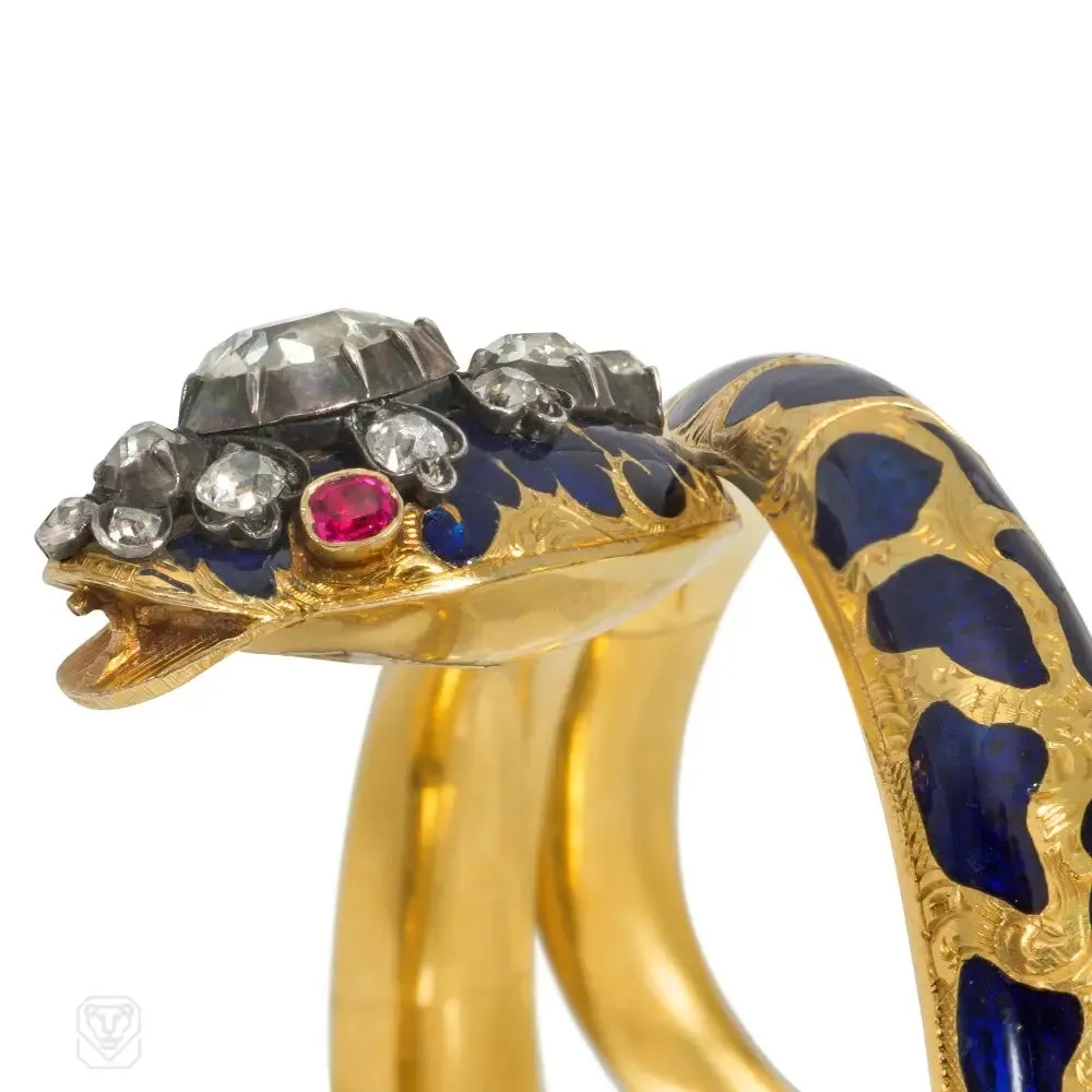 Antique enamel, ruby and diamond snake bracelet