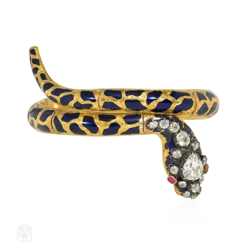 Antique enamel, ruby and diamond snake bracelet