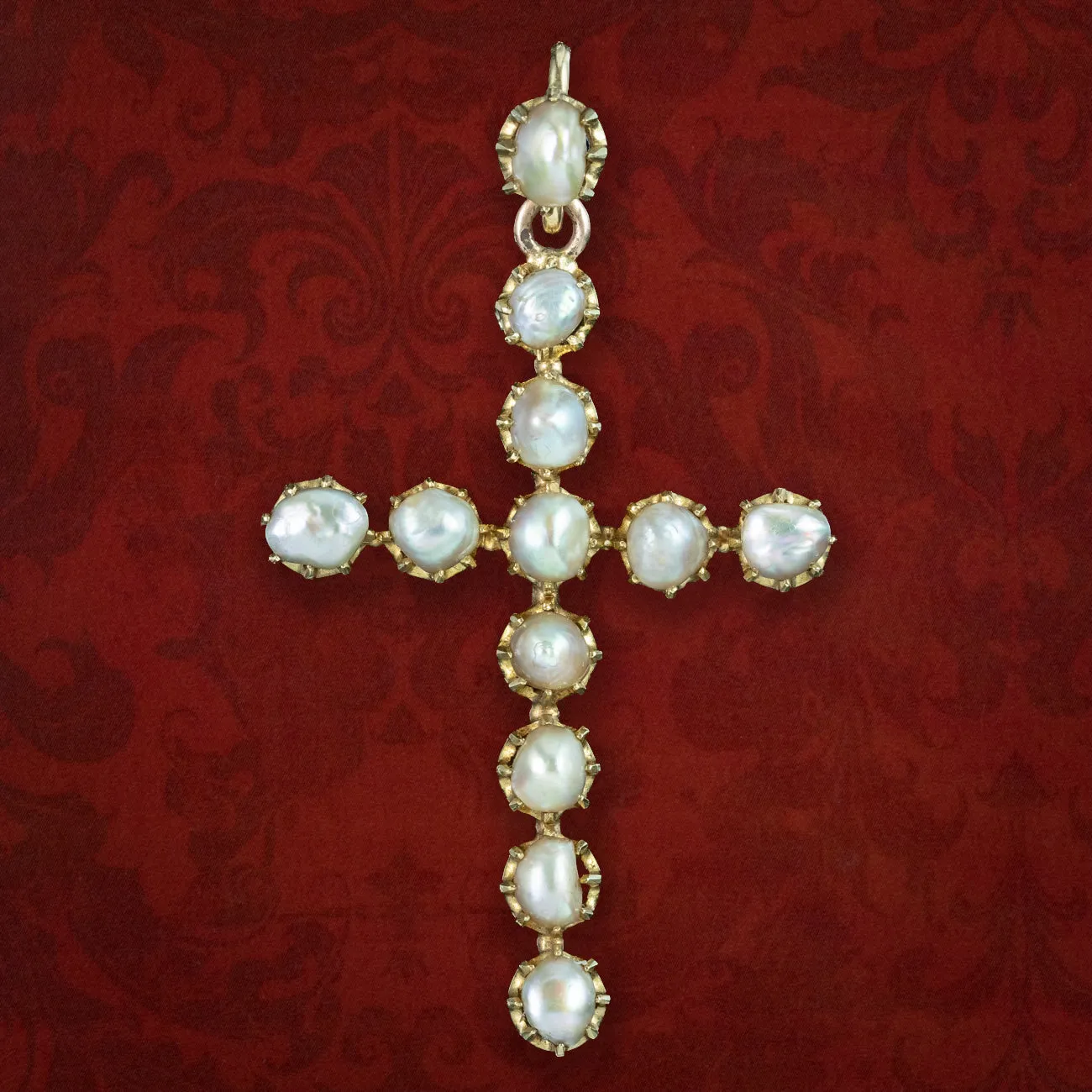 Antique Victorian Baroque Pearl Cross Pendant 18ct Gold