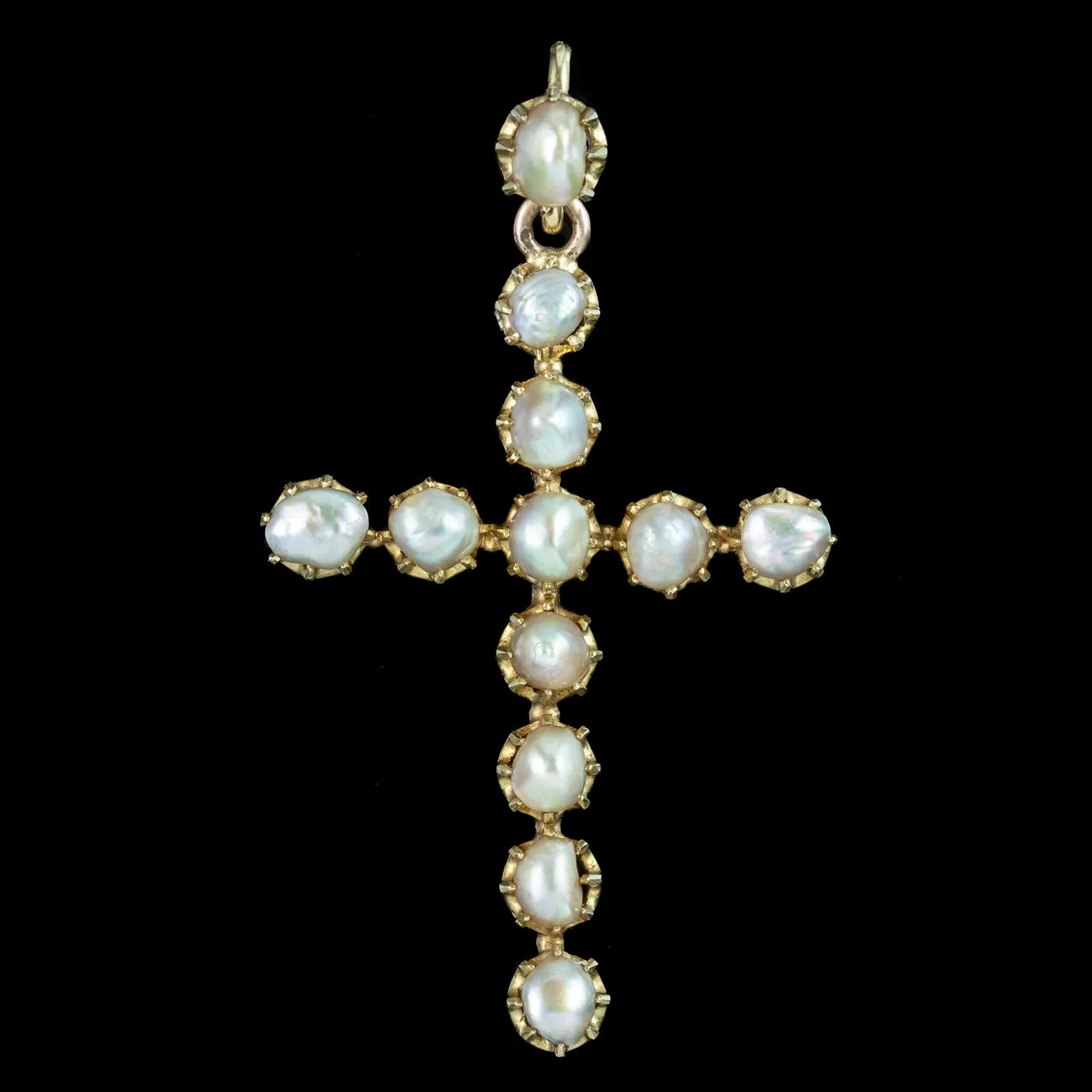 Antique Victorian Baroque Pearl Cross Pendant 18ct Gold