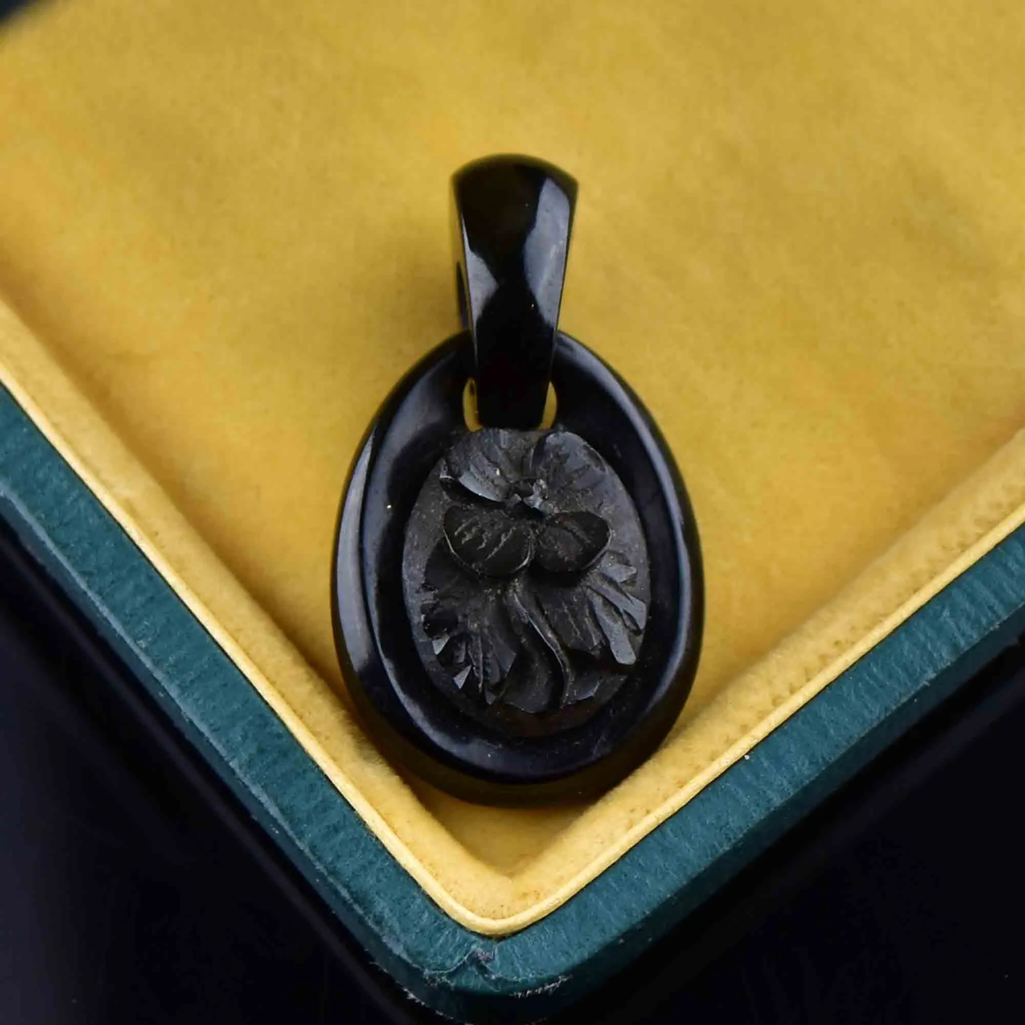 Antique Victorian Carved Whitby Jet Forget Me Not Pendant Necklace