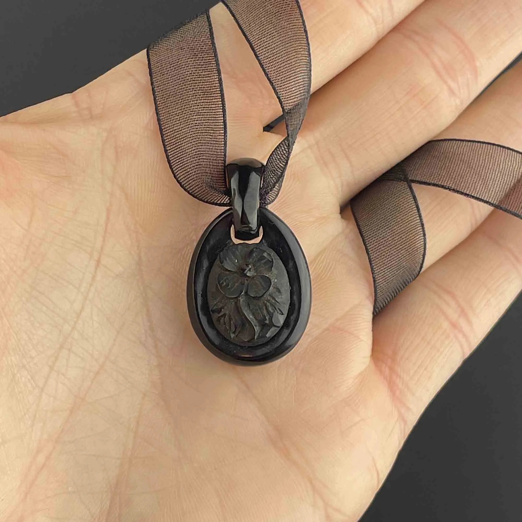 Antique Victorian Carved Whitby Jet Forget Me Not Pendant Necklace