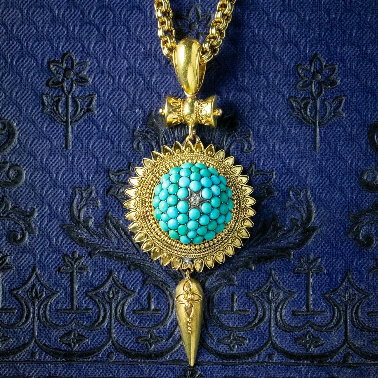 Antique Victorian Etruscan Turquoise Locket Pendant Necklace 18ct Gold