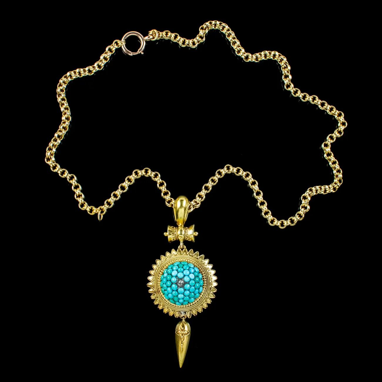 Antique Victorian Etruscan Turquoise Locket Pendant Necklace 18ct Gold