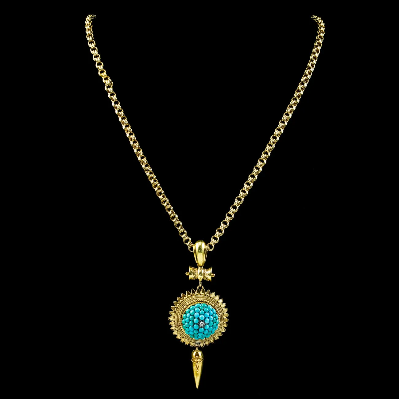 Antique Victorian Etruscan Turquoise Locket Pendant Necklace 18ct Gold