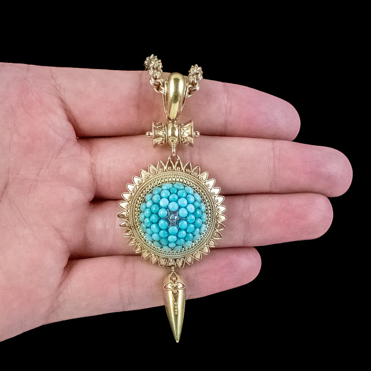 Antique Victorian Etruscan Turquoise Locket Pendant Necklace 18ct Gold