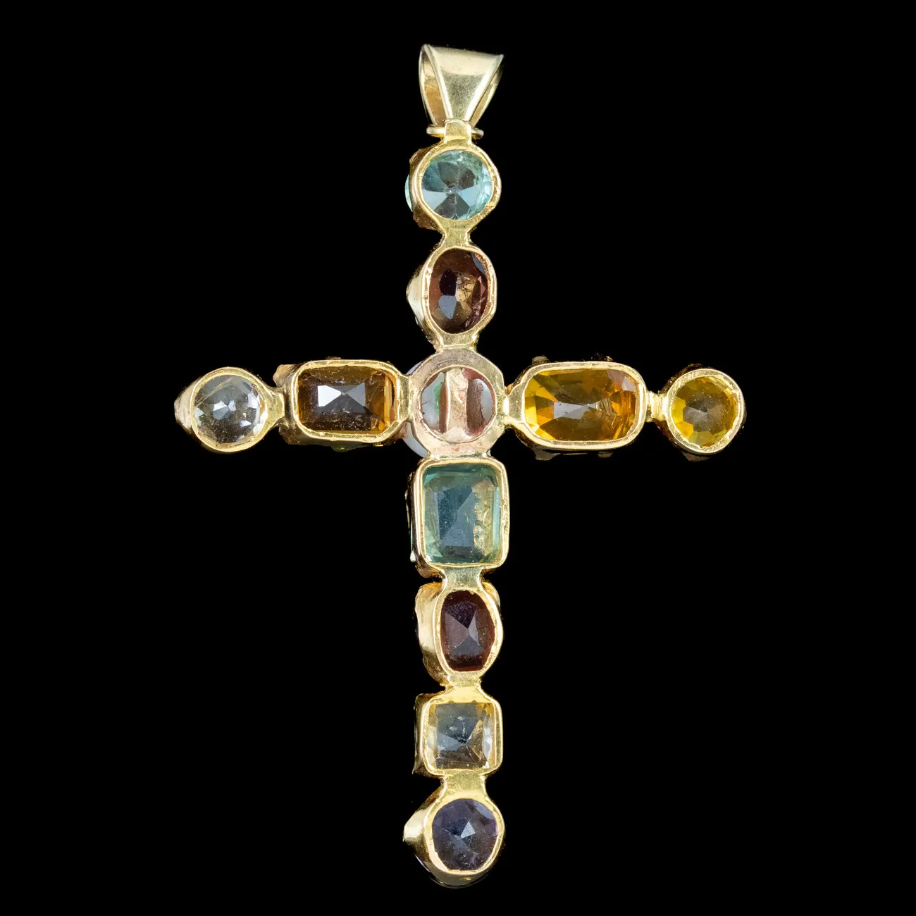 Antique Victorian Harlequin Gemstone Cross Pendant 18ct Gold